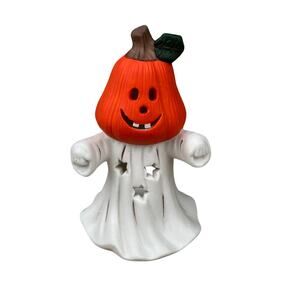 Ceramic Pumpkin Head Ghost Figurine Tea Light Candle Holder 6"